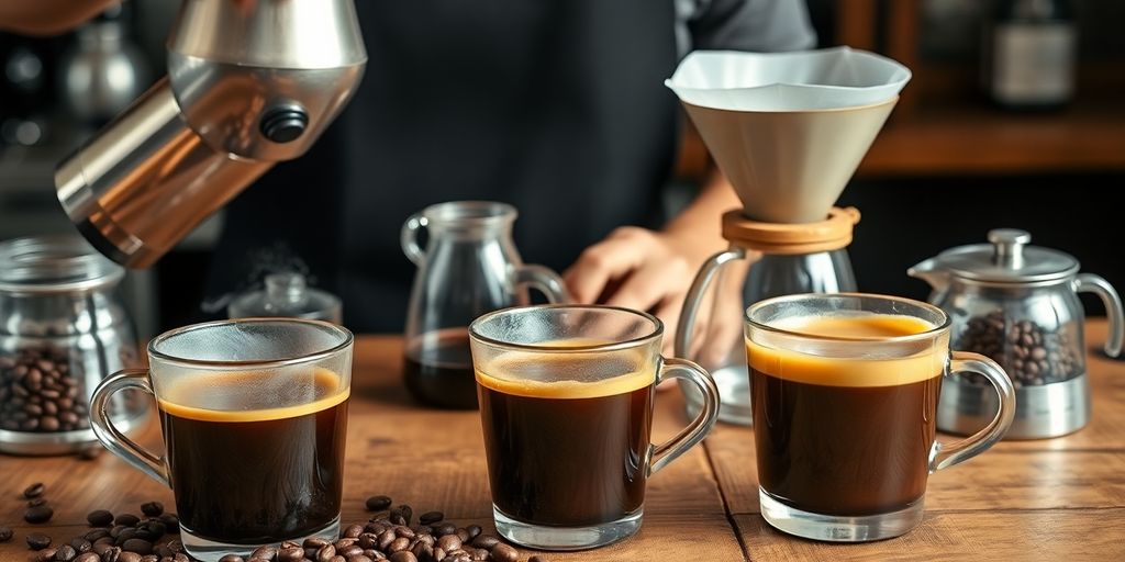 Barista brewing specialty coffee with beans and equipment.