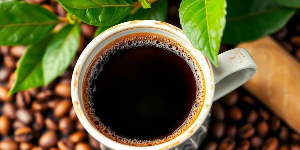 Fresh specialty coffee with beans and a green plant.